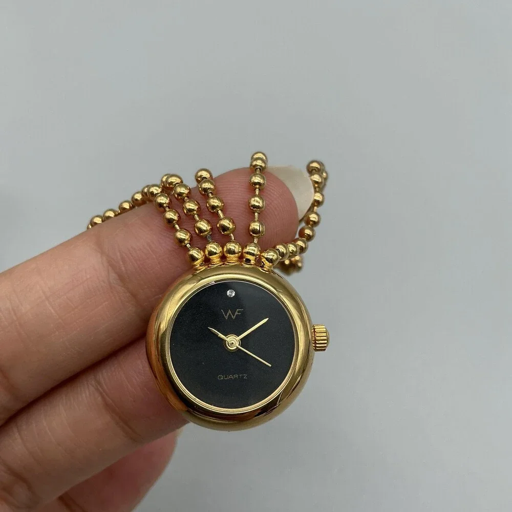 Vintage WF Womens Watch 22mm Black Dial Gold Tone Parachute Brooch New Battery